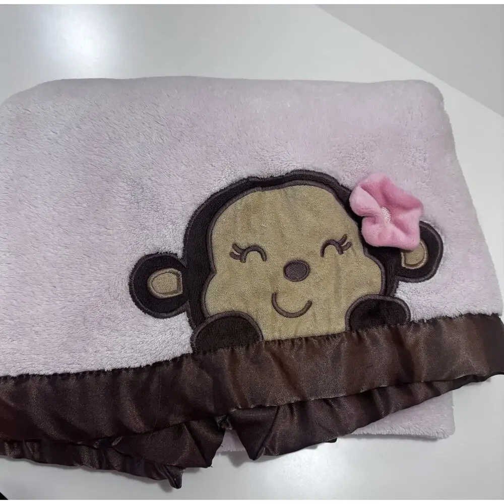 Carter’s Pink Monkey Baby Girls Blanket Pink Brown Lovey Child Mine Satin Edge